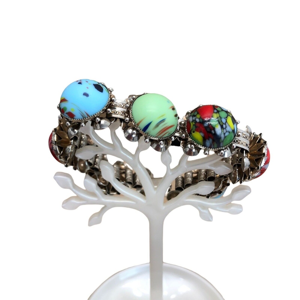 Antique Victorian Multi Color Marble Cabochons Filigree Silver Tone Bracelet